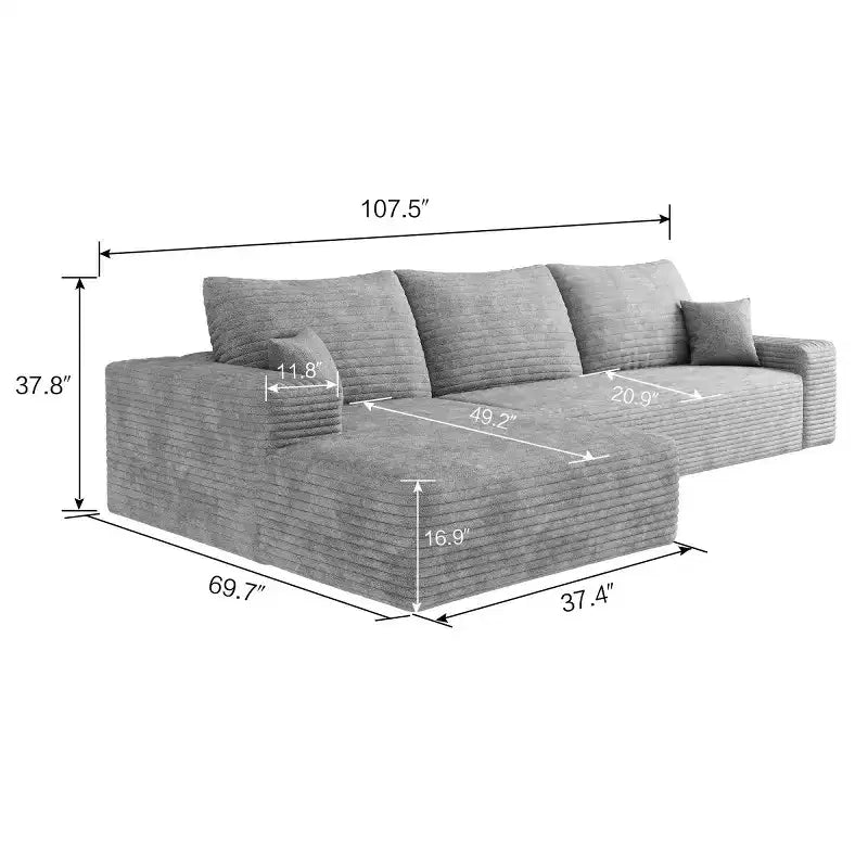 Divano componibile a L moderno 107 con chaise longue, divano modulare con seduta profonda per soggiorno, camera da letto, salotto