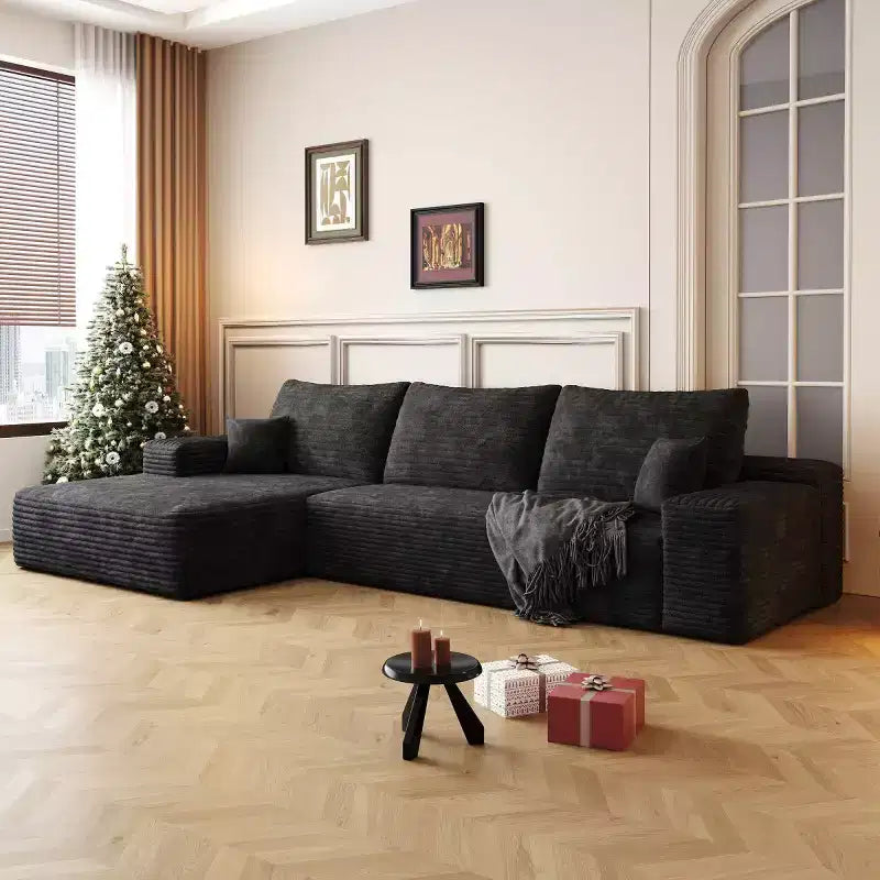 Divano componibile a L moderno 107 con chaise longue, divano modulare con seduta profonda per soggiorno, camera da letto, salotto
