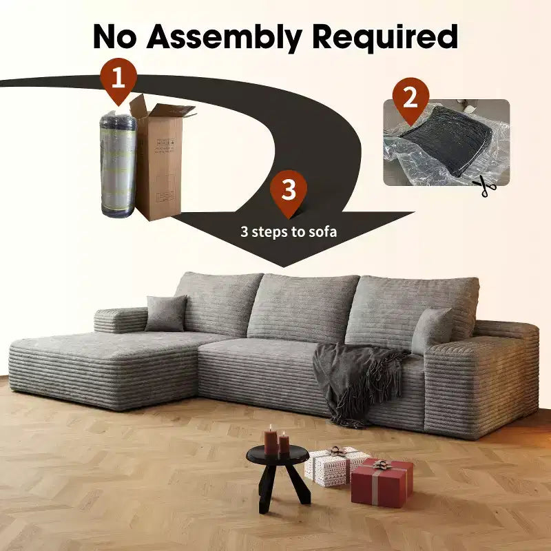 Divano componibile a L moderno 107 con chaise longue, divano modulare con seduta profonda per soggiorno, camera da letto, salotto