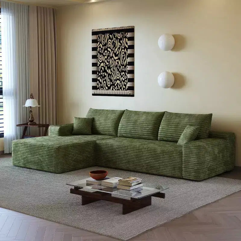 Divano componibile a L moderno 107 con chaise longue, divano modulare con seduta profonda per soggiorno, camera da letto, salotto