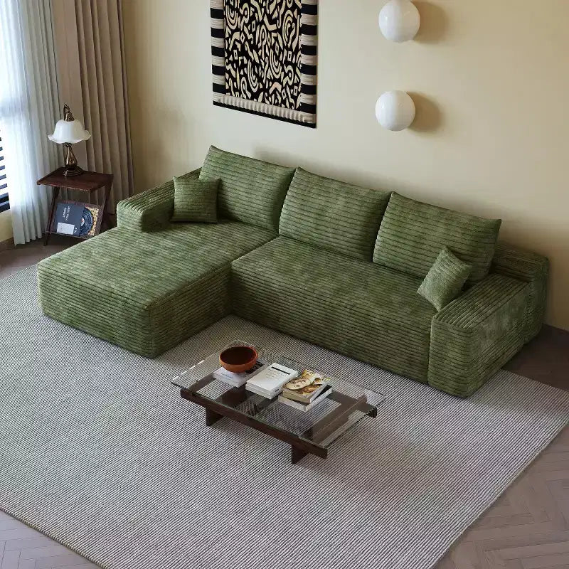 Divano componibile a L moderno 107 con chaise longue, divano modulare con seduta profonda per soggiorno, camera da letto, salotto