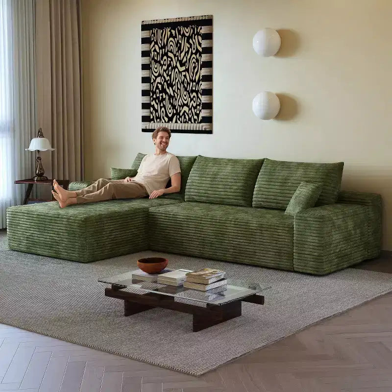 Divano componibile a L moderno 107 con chaise longue, divano modulare con seduta profonda per soggiorno, camera da letto, salotto