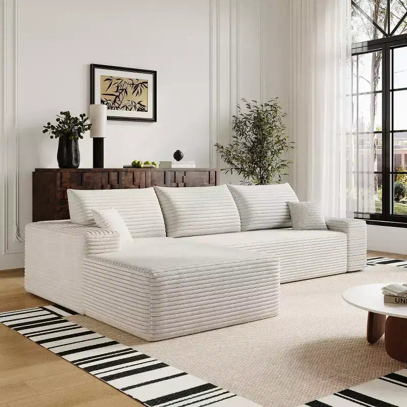 Divano componibile a L moderno 107 con chaise longue, divano modulare con seduta profonda per soggiorno, camera da letto, salotto