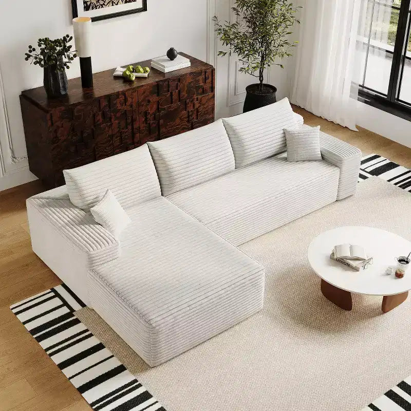 Divano componibile a L moderno 107 con chaise longue, divano modulare con seduta profonda per soggiorno, camera da letto, salotto