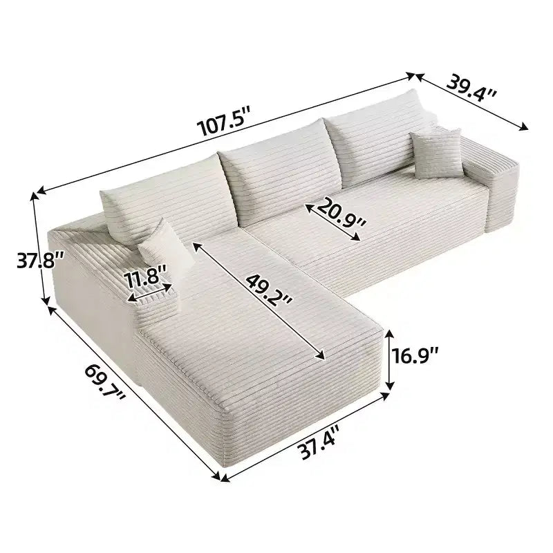 Divano componibile a L moderno 107 con chaise longue, divano modulare con seduta profonda per soggiorno, camera da letto, salotto