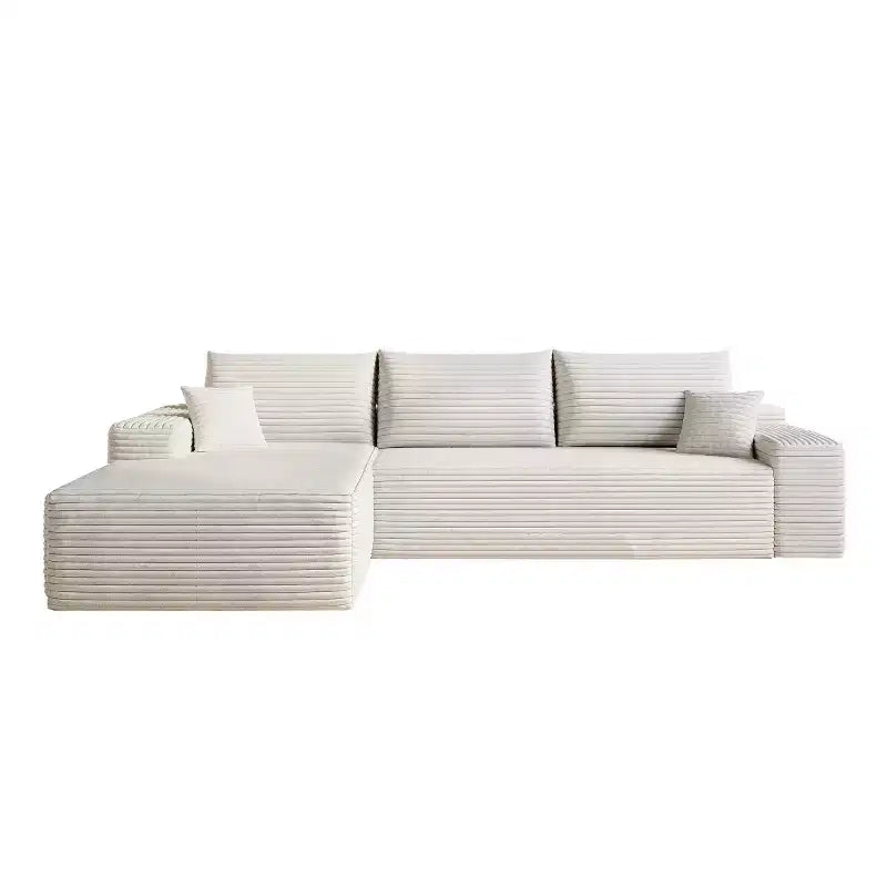 Divano componibile a L moderno 107 con chaise longue, divano modulare con seduta profonda per soggiorno, camera da letto, salotto
