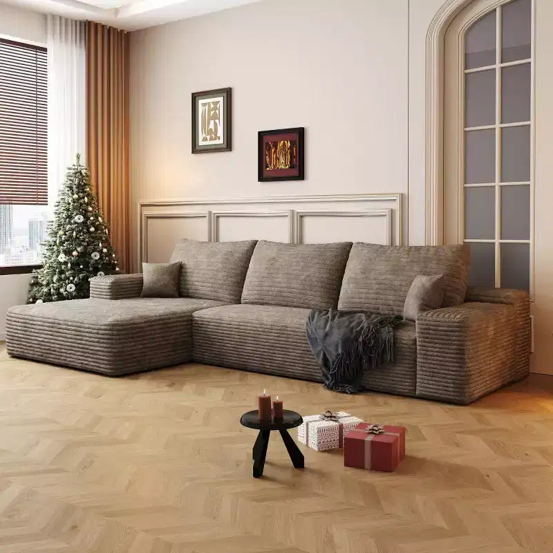 Divano componibile a L moderno 107 con chaise longue, divano modulare con seduta profonda per soggiorno, camera da letto, salotto