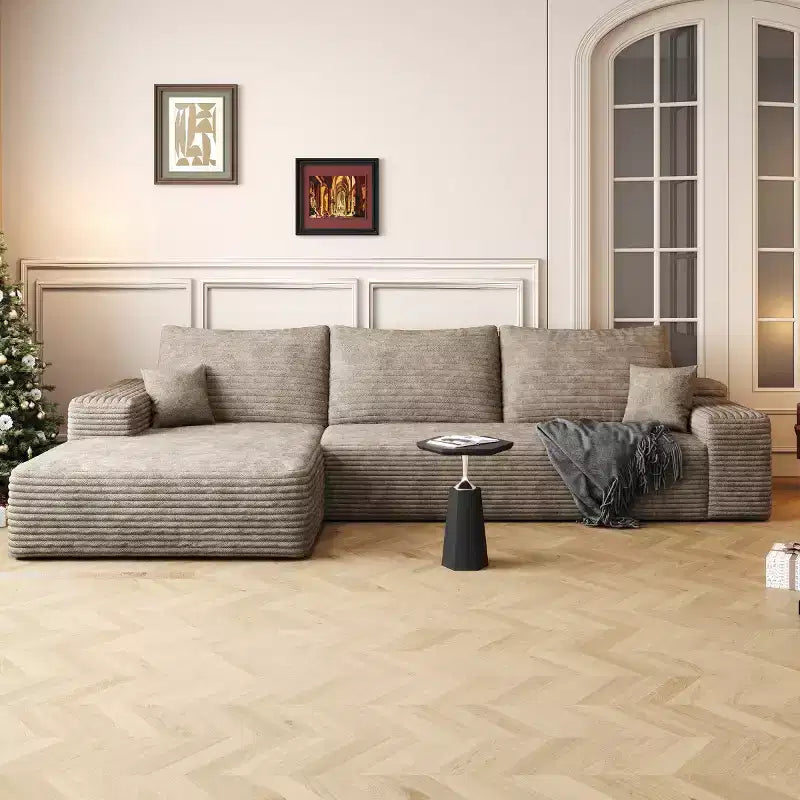 Divano componibile a L moderno 107 con chaise longue, divano modulare con seduta profonda per soggiorno, camera da letto, salotto