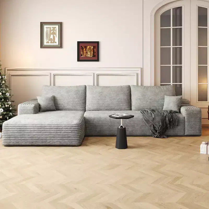 Divano componibile a L moderno 107 con chaise longue, divano modulare con seduta profonda per soggiorno, camera da letto, salotto