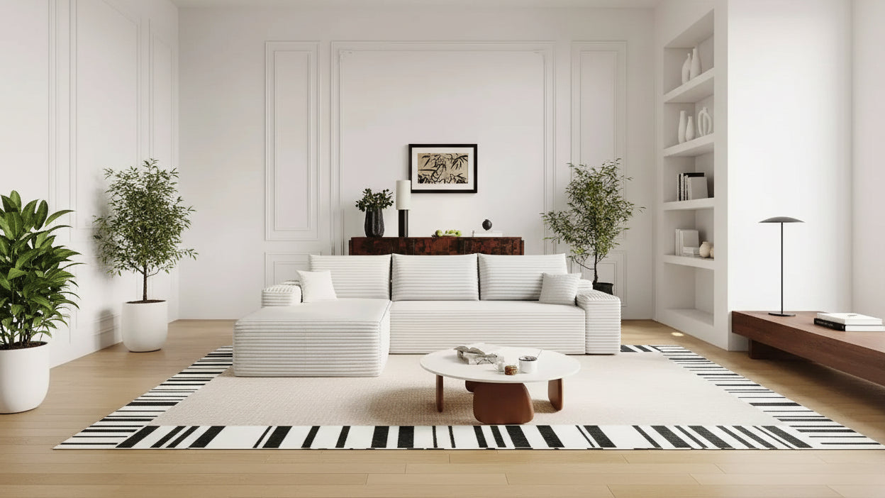 Divano componibile a L moderno 107 con chaise longue, divano modulare con seduta profonda per soggiorno, camera da letto, salotto