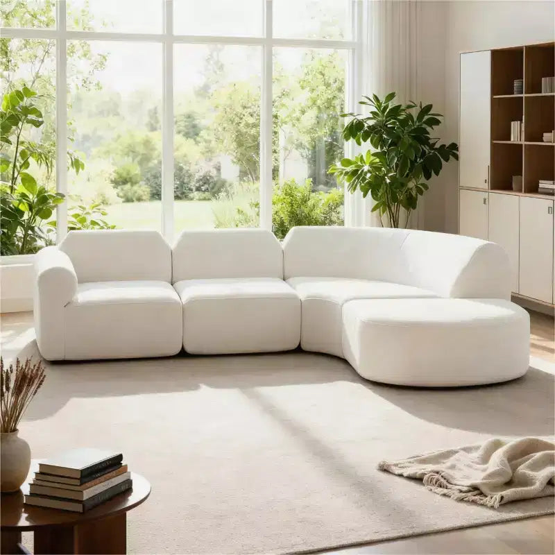 Divano Sezionale Curvo a L Moderno 111 con Pouf, Divano Imbottito a Seduta Profonda, Divano a 3 Posti per Soggiorno e Salotto