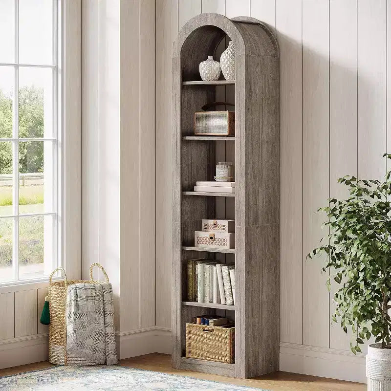  74.8-Inch Tall Arched Bookshelf, 6-Tier Narrow Open Bookcase and Display Shelves for Small Space, Home Office, Living Room, Grey