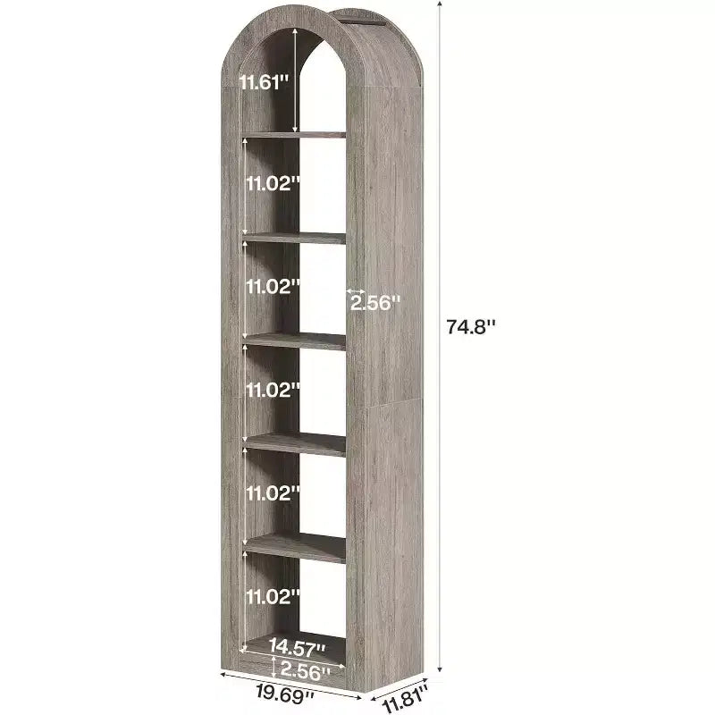 Libreria ad arco alta 189 cm, libreria stretta a 6 ripiani a giorno e mensole espositive per piccoli spazi, ufficio, soggiorno, grigio