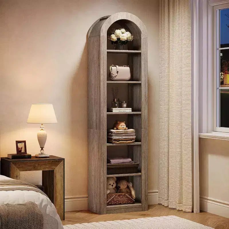 Libreria ad arco alta 189 cm, libreria stretta a 6 ripiani a giorno e mensole espositive per piccoli spazi, ufficio, soggiorno, grigio