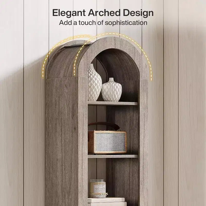 Libreria ad arco alta 189 cm, libreria stretta a 6 ripiani a giorno e mensole espositive per piccoli spazi, ufficio, soggiorno, grigio