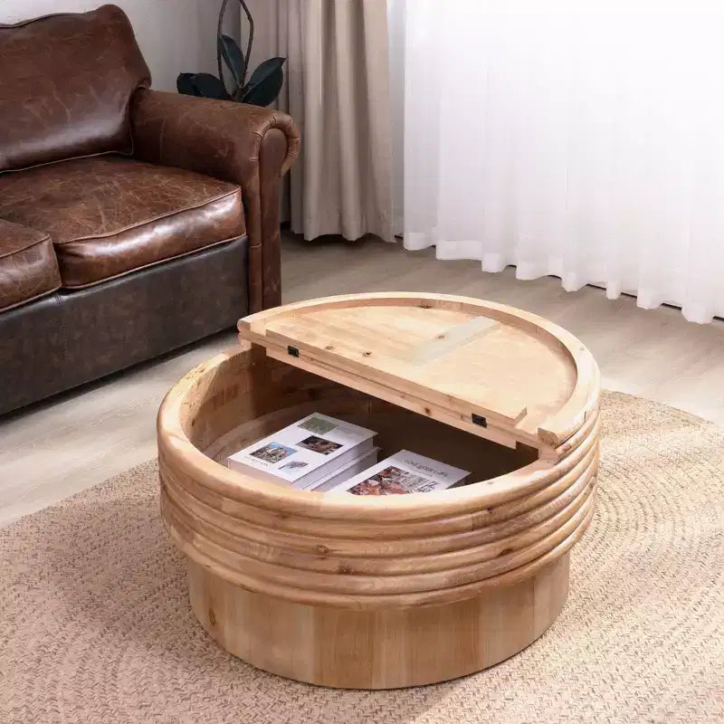 Tavolino Rotondo con Piano Sollevabile e Contenitore Nascosto