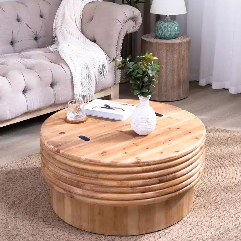 Tavolino Rotondo con Piano Sollevabile e Contenitore Nascosto