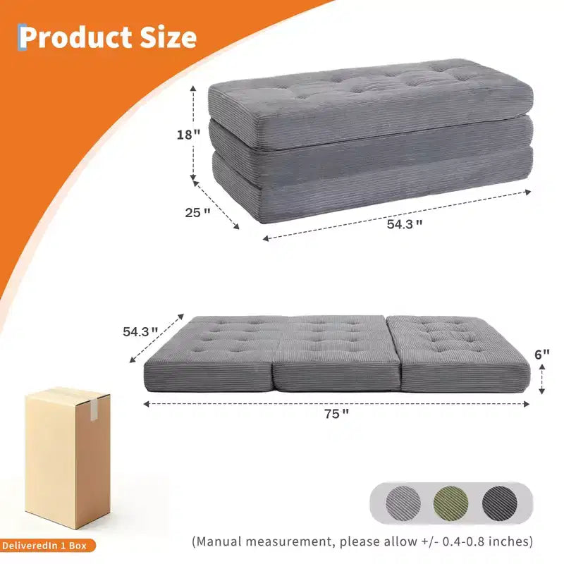 75x54.3 6 Materasso Pieghevole in Schiuma a Tre Ante, Divano Letto Futon da Terra in Corduroy Trapuntato, Materasso Portatile per Ospiti Supportivo per Casa e Campeggio