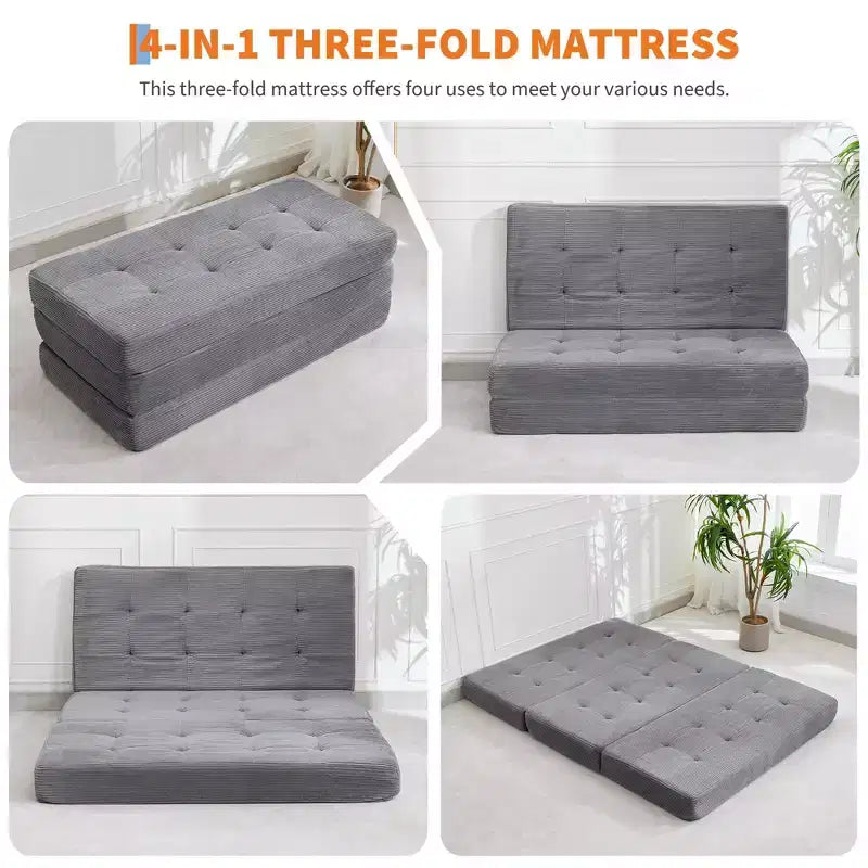 75x54.3 6 Materasso Pieghevole in Schiuma a Tre Ante, Divano Letto Futon da Terra in Corduroy Trapuntato, Materasso Portatile per Ospiti Supportivo per Casa e Campeggio