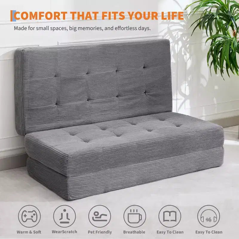 75x54.3 6 Materasso Pieghevole in Schiuma a Tre Ante, Divano Letto Futon da Terra in Corduroy Trapuntato, Materasso Portatile per Ospiti Supportivo per Casa e Campeggio