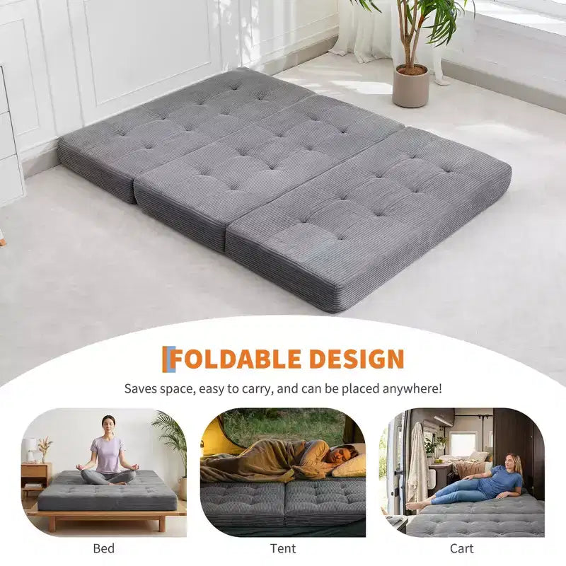 75x54.3 6 Materasso Pieghevole in Schiuma a Tre Ante, Divano Letto Futon da Terra in Corduroy Trapuntato, Materasso Portatile per Ospiti Supportivo per Casa e Campeggio
