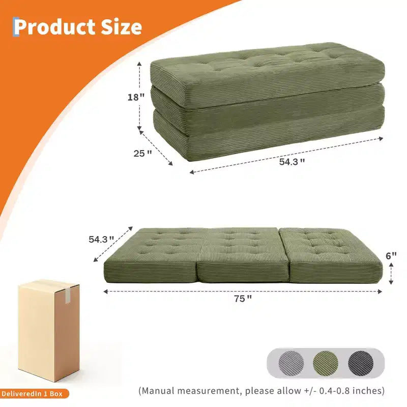 75x54.3 6 Materasso Pieghevole in Schiuma a Tre Ante, Divano Letto Futon da Terra in Corduroy Trapuntato, Materasso Portatile per Ospiti Supportivo per Casa e Campeggio