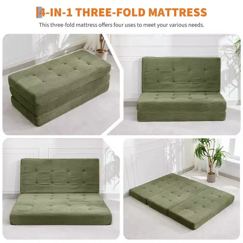 75x54.3 6 Materasso Pieghevole in Schiuma a Tre Ante, Divano Letto Futon da Terra in Corduroy Trapuntato, Materasso Portatile per Ospiti Supportivo per Casa e Campeggio