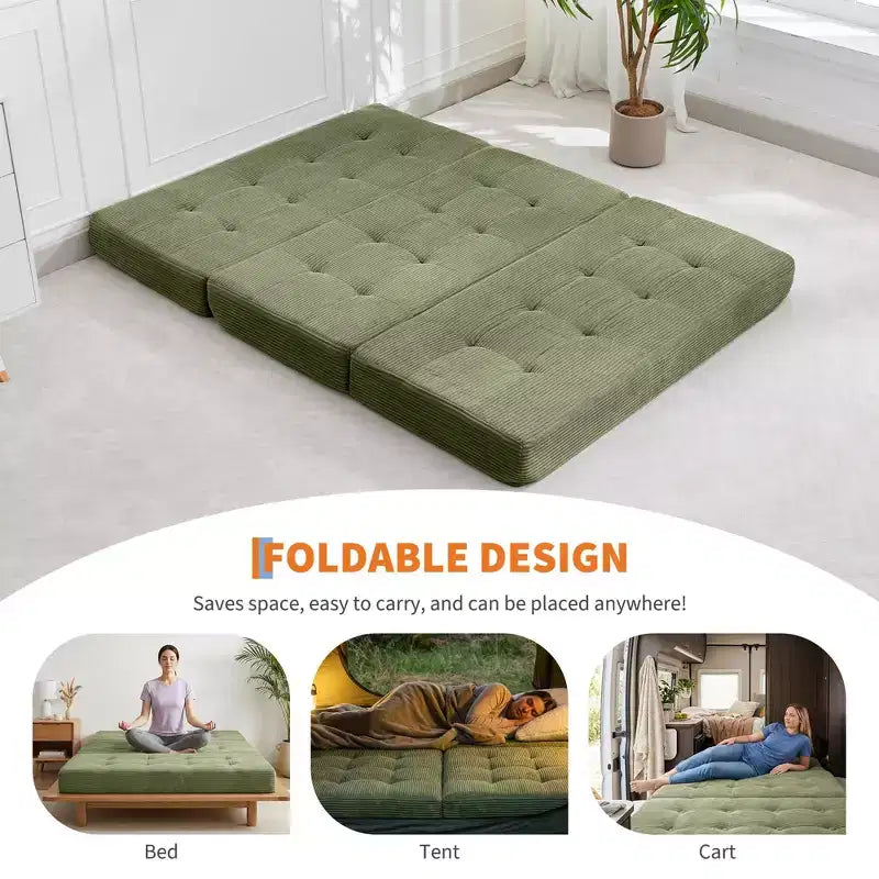 75x54.3 6 Materasso Pieghevole in Schiuma a Tre Ante, Divano Letto Futon da Terra in Corduroy Trapuntato, Materasso Portatile per Ospiti Supportivo per Casa e Campeggio