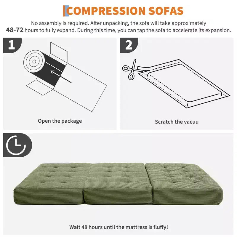 75x54.3 6 Materasso Pieghevole in Schiuma a Tre Ante, Divano Letto Futon da Terra in Corduroy Trapuntato, Materasso Portatile per Ospiti Supportivo per Casa e Campeggio