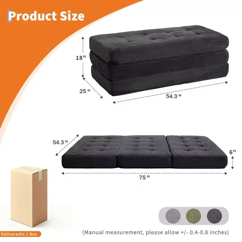 75x54.3 6 Materasso Pieghevole in Schiuma a Tre Ante, Divano Letto Futon da Terra in Corduroy Trapuntato, Materasso Portatile per Ospiti Supportivo per Casa e Campeggio