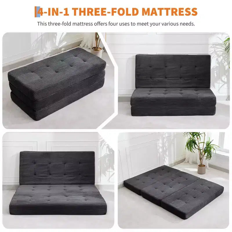 75x54.3 6 Materasso Pieghevole in Schiuma a Tre Ante, Divano Letto Futon da Terra in Corduroy Trapuntato, Materasso Portatile per Ospiti Supportivo per Casa e Campeggio