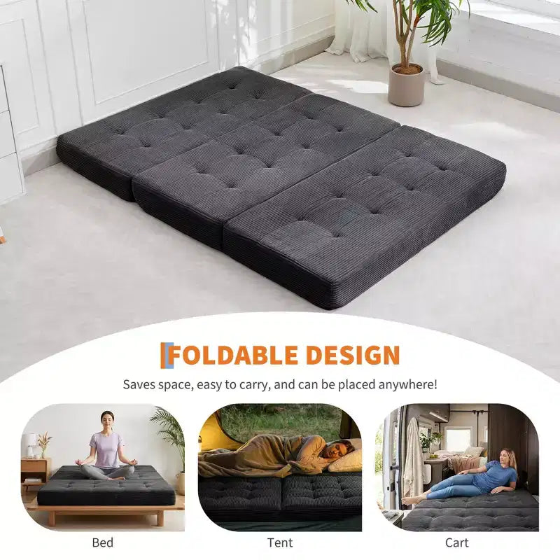 75x54.3 6 Materasso Pieghevole in Schiuma a Tre Ante, Divano Letto Futon da Terra in Corduroy Trapuntato, Materasso Portatile per Ospiti Supportivo per Casa e Campeggio