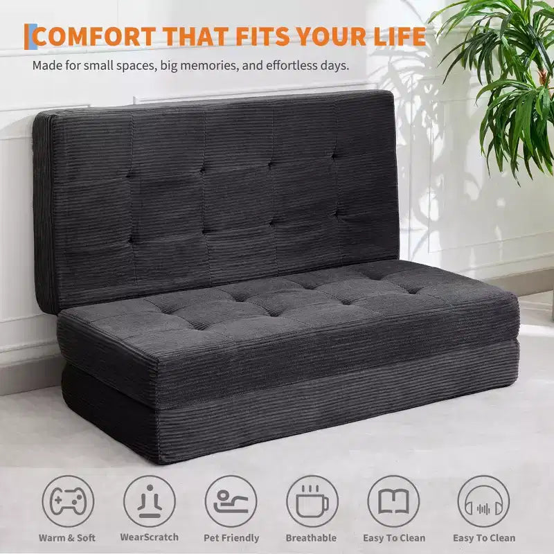 75x54.3 6 Materasso Pieghevole in Schiuma a Tre Ante, Divano Letto Futon da Terra in Corduroy Trapuntato, Materasso Portatile per Ospiti Supportivo per Casa e Campeggio