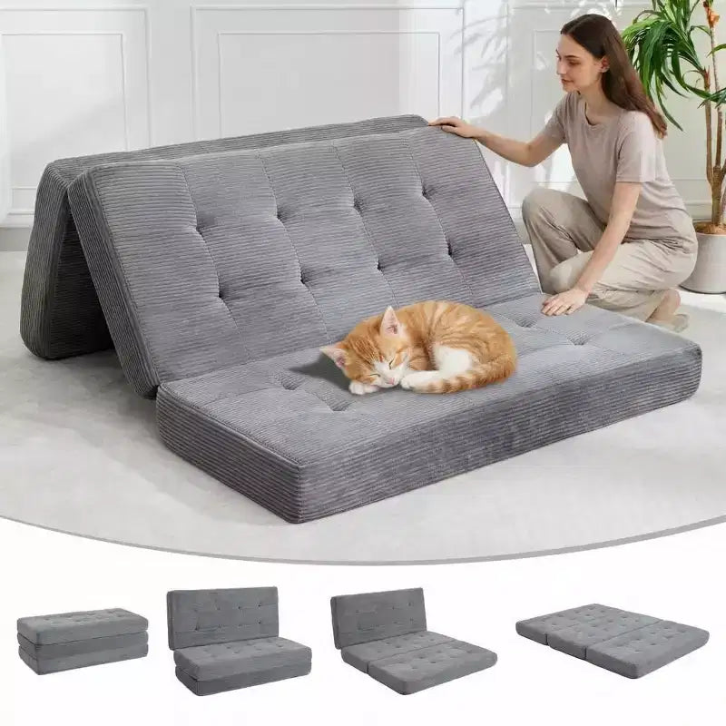 75x54.3 6 Materasso Pieghevole in Schiuma a Tre Ante, Divano Letto Futon da Terra in Corduroy Trapuntato, Materasso Portatile per Ospiti Supportivo per Casa e Campeggio
