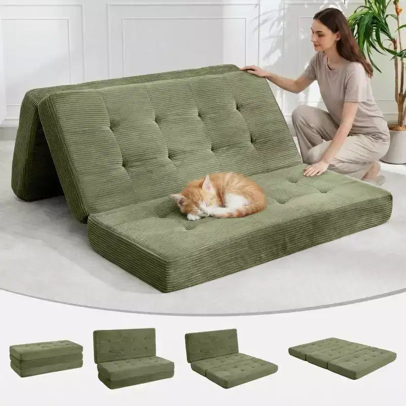 75x54.3 6 Materasso Pieghevole in Schiuma a Tre Ante, Divano Letto Futon da Terra in Corduroy Trapuntato, Materasso Portatile per Ospiti Supportivo per Casa e Campeggio