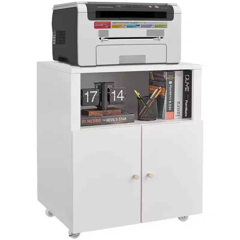 Armadietto mobile in metallo resistente per stampante con 2 ante e ripiano portaoggetti, supporto per stampante sotto scrivania, schedario su ruote per ufficio a casa, garage, officina