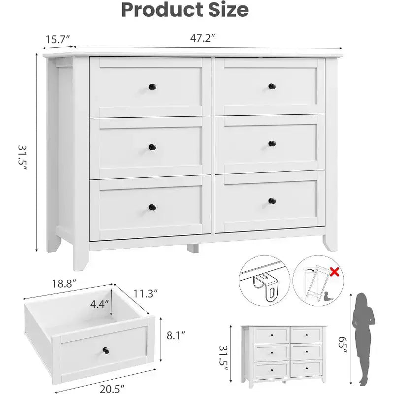 Comò moderno bianco a 6 cassetti in legno, cassettiera grande con cassetti profondi e pomelli in metallo per camera da letto, ingresso e corridoio