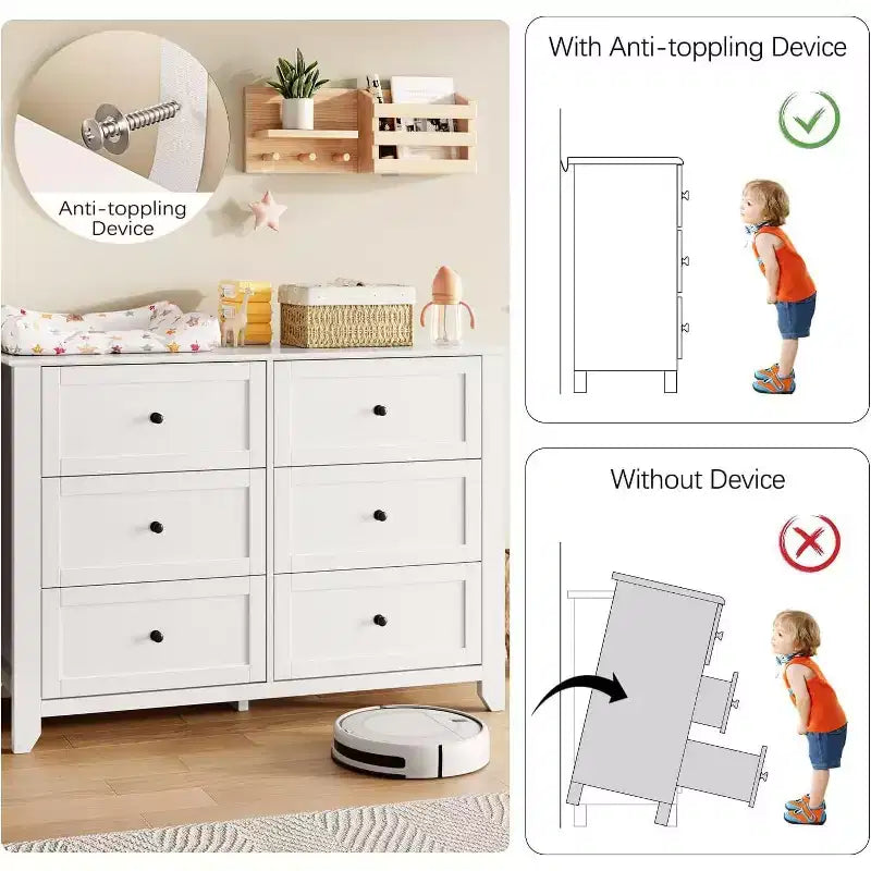 Comò moderno bianco a 6 cassetti in legno, cassettiera grande con cassetti profondi e pomelli in metallo per camera da letto, ingresso e corridoio