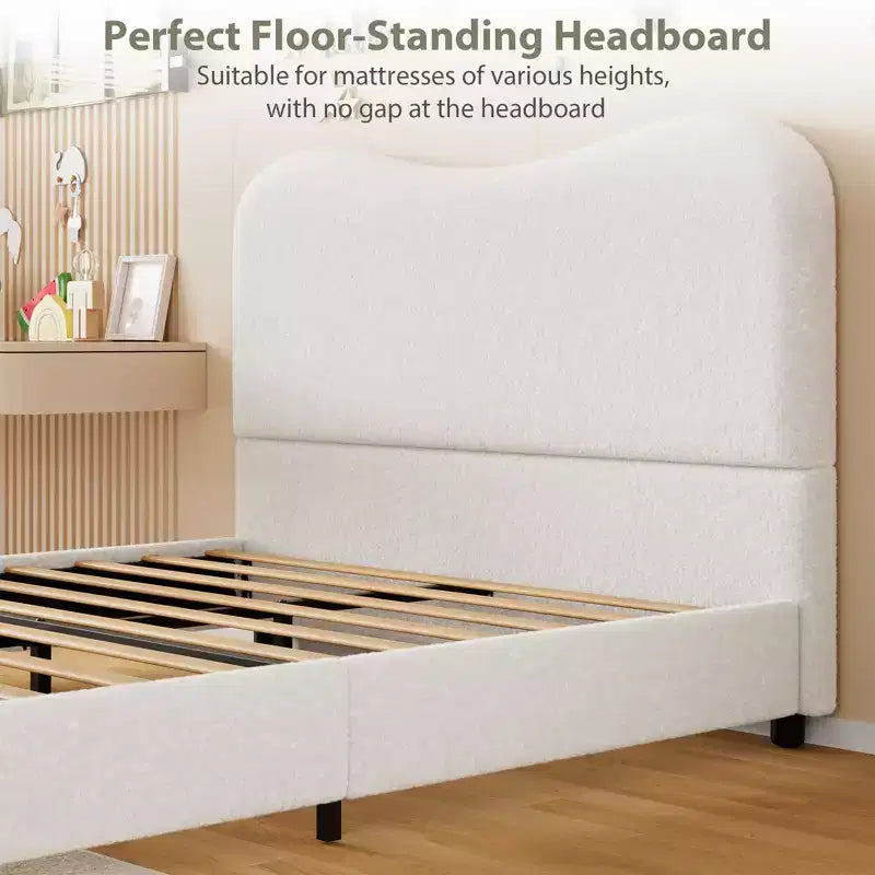Struttura letto imbottita per bambini, design a piattaforma bassa, robuste doghe in legno, nessun materasso a molle richiesto, silenzioso e facile da montare.