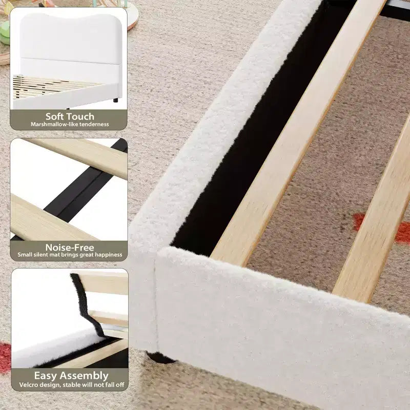 Struttura letto imbottita per bambini, design a piattaforma bassa, robuste doghe in legno, nessun materasso a molle richiesto, silenzioso e facile da montare.