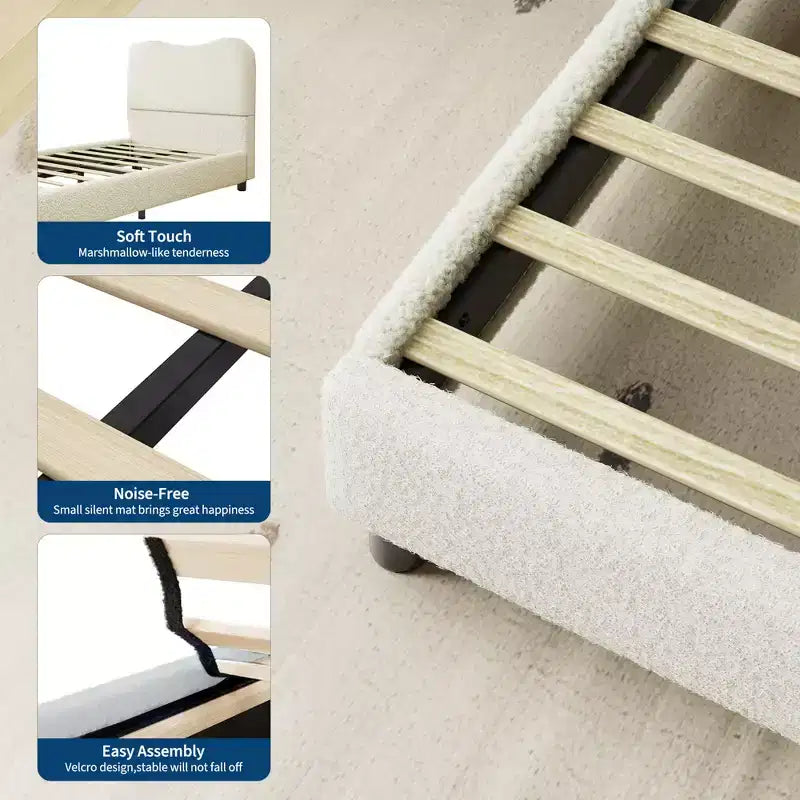 Struttura letto imbottita per bambini, design a piattaforma bassa, robuste doghe in legno, nessun materasso a molle richiesto, silenzioso e facile da montare.