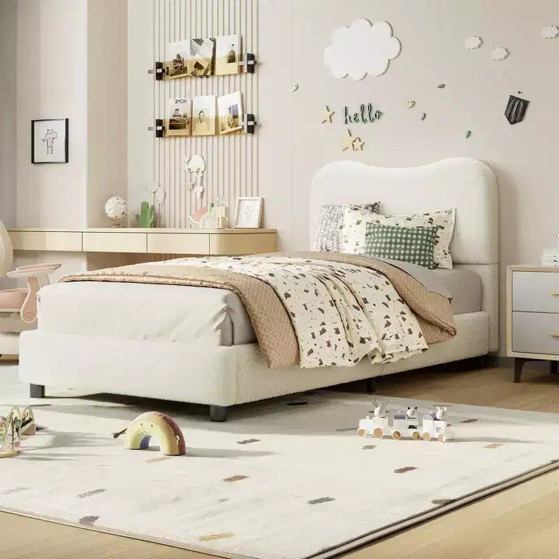 Upholstered children's bed frame, low platform design, sturdy wooden slats, no spring mattress required, quiet, and easy to assemble.