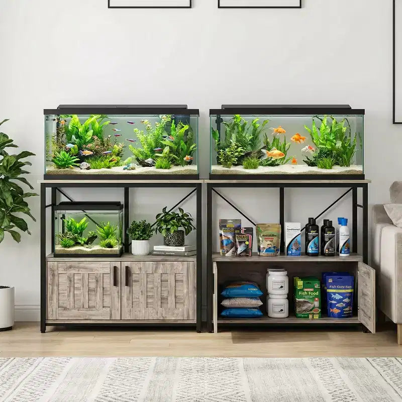 Supporto per acquario da 150-190 litri, a due ripiani, in metallo e legno, capacità 300 kg, piedini regolabili, colore grigio