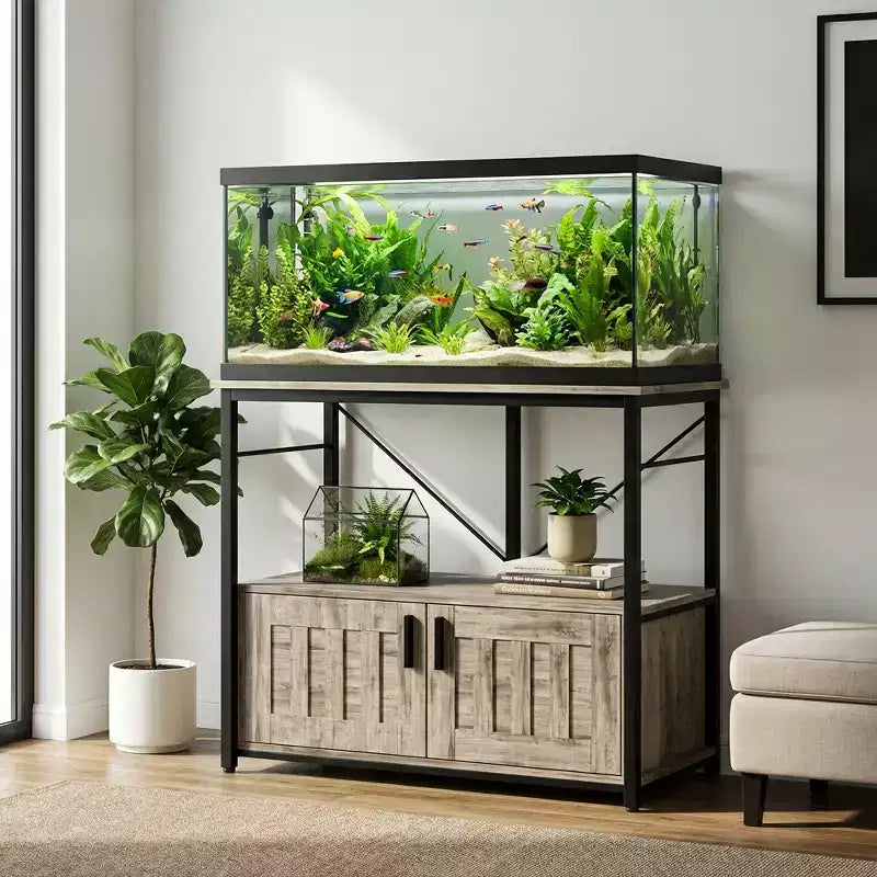 Supporto per acquario da 150-190 litri, a due ripiani, in metallo e legno, capacità 300 kg, piedini regolabili, colore grigio