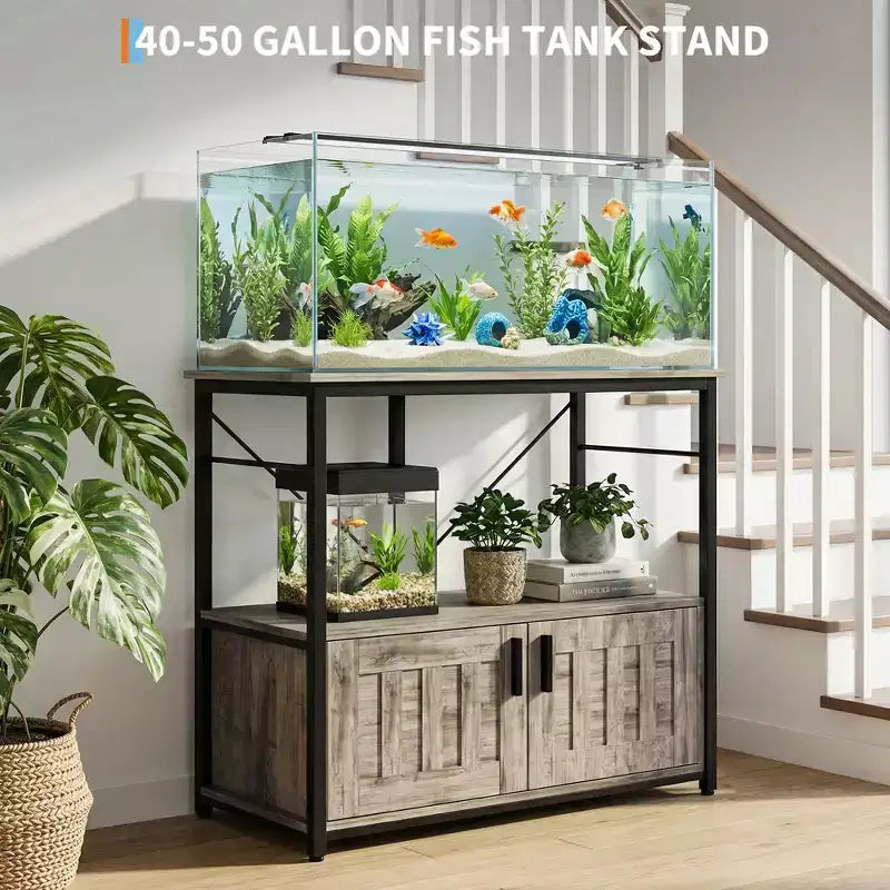 Supporto per acquario da 150-190 litri, a due ripiani, in metallo e legno, capacità 300 kg, piedini regolabili, colore grigio
