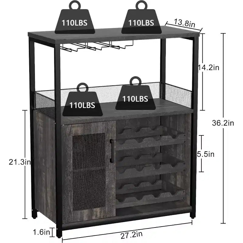 Mobiletto Bar da Caffè e Vino con Portabottiglie Rimovibile, Porta Bicchieri, Cassetto e Credenza con Ante in Rete, Contenitore per Sala da Pranzo, Cucina