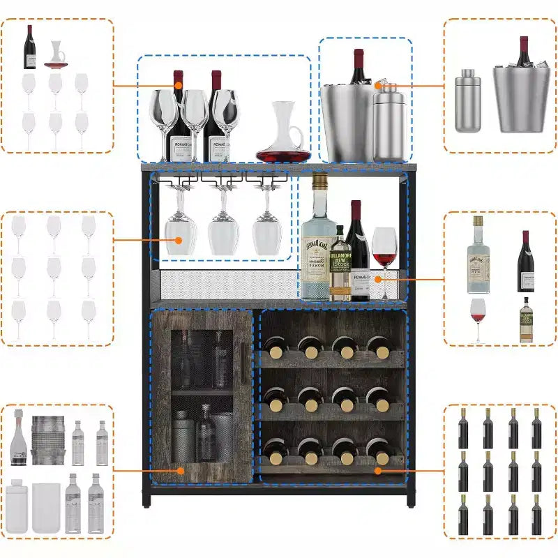 Mobiletto Bar da Caffè e Vino con Portabottiglie Rimovibile, Porta Bicchieri, Cassetto e Credenza con Ante in Rete, Contenitore per Sala da Pranzo, Cucina