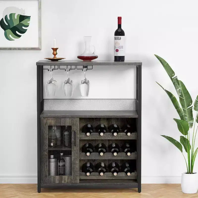 Mobiletto Bar da Caffè e Vino con Portabottiglie Rimovibile, Porta Bicchieri, Cassetto e Credenza con Ante in Rete, Contenitore per Sala da Pranzo, Cucina