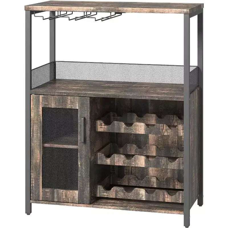 Mobiletto Bar da Caffè e Vino con Portabottiglie Rimovibile, Porta Bicchieri, Cassetto e Credenza con Ante in Rete, Contenitore per Sala da Pranzo, Cucina