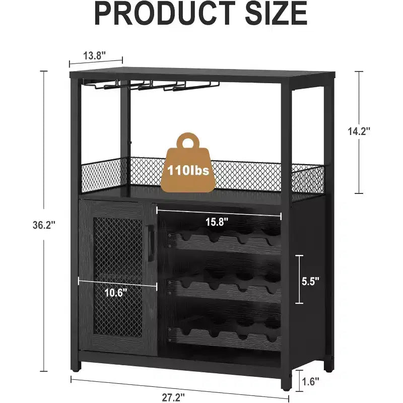 Mobiletto Bar da Caffè e Vino con Portabottiglie Rimovibile, Porta Bicchieri, Cassetto e Credenza con Ante in Rete, Contenitore per Sala da Pranzo, Cucina